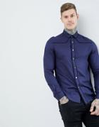 Asos Design Regular Fit Western Viscose Shirt In Navy With Poppers - Navy