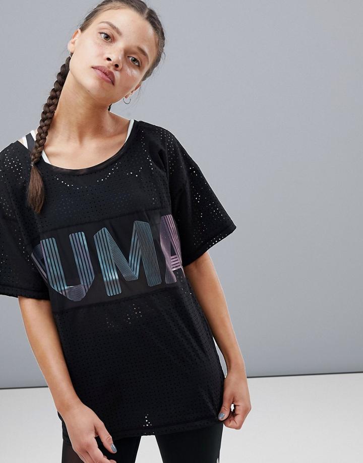 Puma Big Cat Drapey Tee In Black With Irridescent Logo - Black