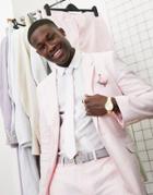 Asos Design Skinny Wedding Suit Jacket In Pastel Pink Linen Mix