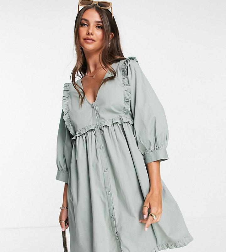 Asos Design Tall Frill V Neck Cotton Button Through Mini Smock Dress In Khaki-green