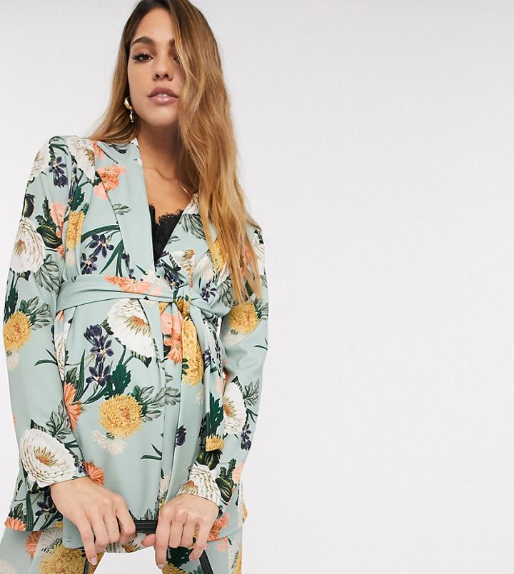 Asos Design Maternity Jersey Suit Blazer In Green Floral-multi