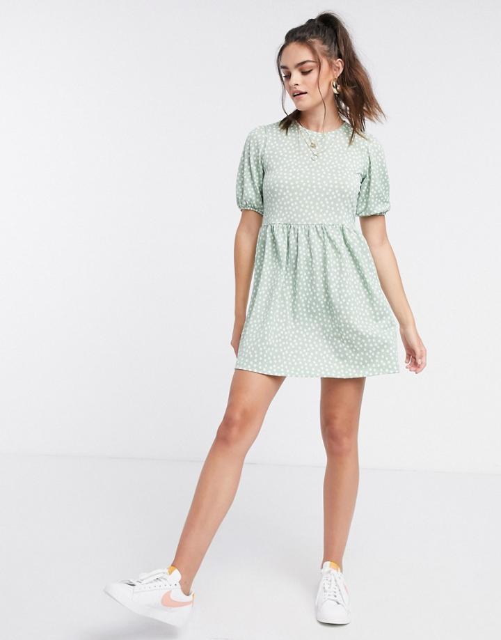 Stradivarius Mini Smock Dress In Green Polka Dot