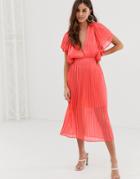 Prettylittlething Pleated Midi Dress In Coral - Multi