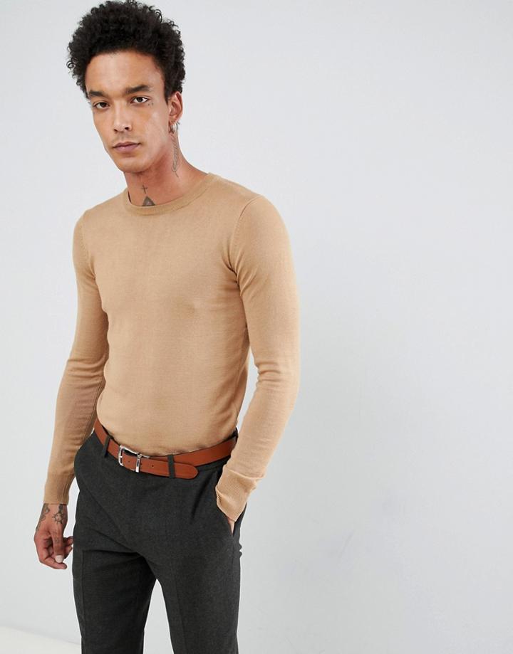 Gianni Feraud Premium Muscle Fit Stretch Crew Neck Sweater - Brown