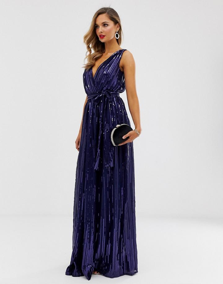 City Goddess Sequin Chiffon Wrap Maxi Dress - Navy