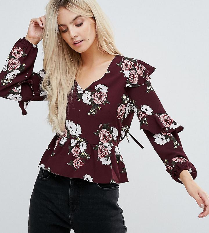 Miss Selfridge Petite Floral Print Ruffle Sleeve Top - Multi