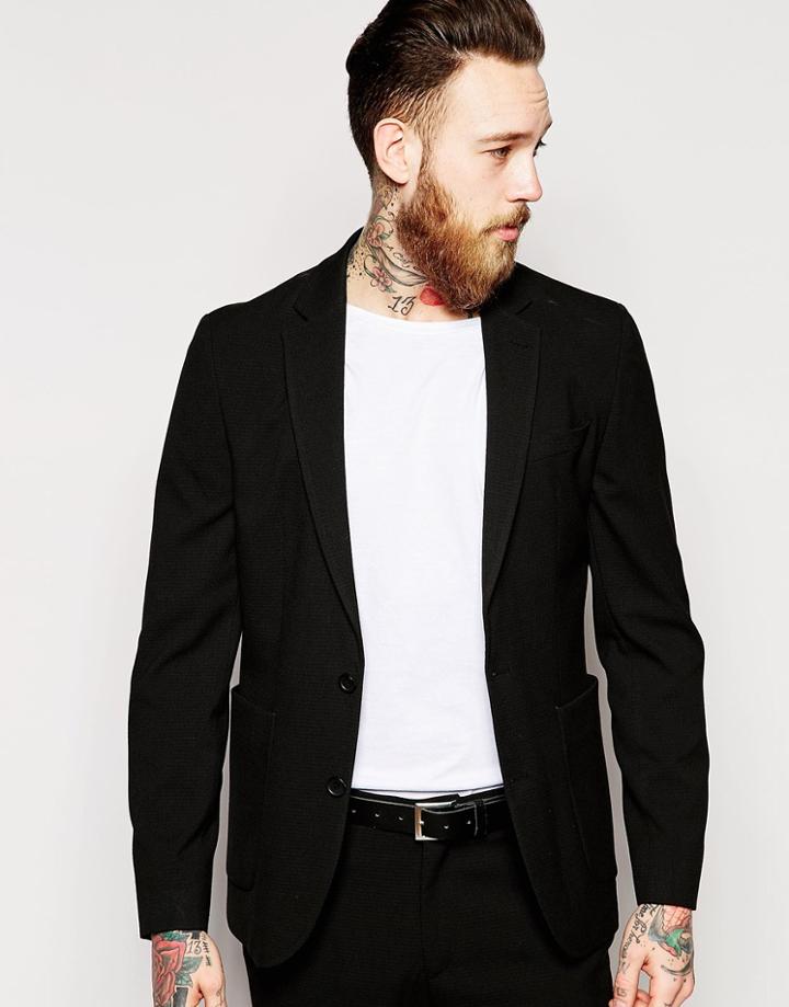 Asos Skinny Fit Suit Jacket In Seersucker - Black