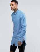 Asos Super Longline Denim Shirt With Mini Collar In Mid Wash - Blue