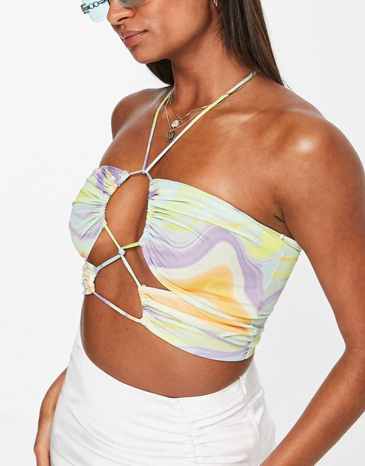 Asos Design Ruched Front Butterfly Halter Top In Marble Effect Print-multi