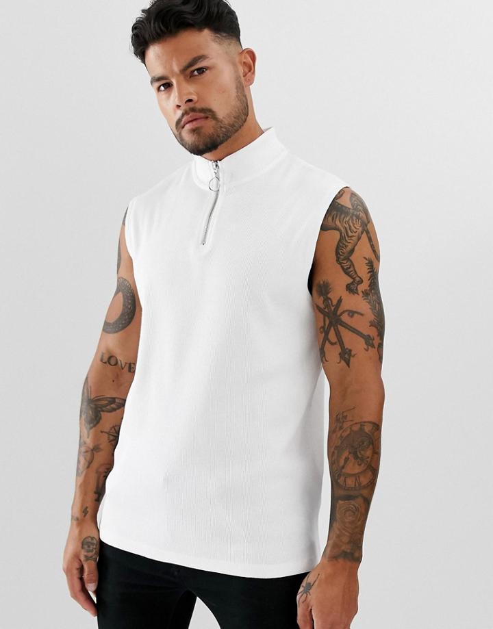 Asos Design Tank Tank In Rib With Turtle Zip Neck In White - White