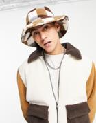 Asos Design Bucket Hat In Borg With Ecru And Brown Check