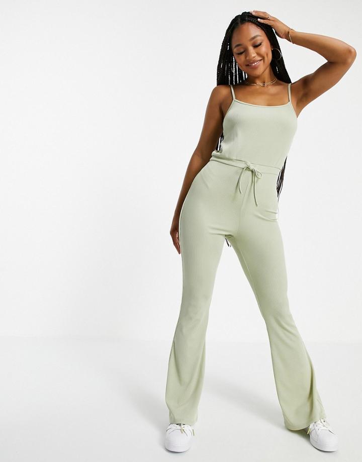 Miss Selfridge Rib Strappy Jumpsuit In Sage-green