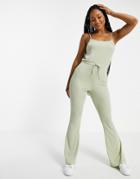 Miss Selfridge Rib Strappy Jumpsuit In Sage-green