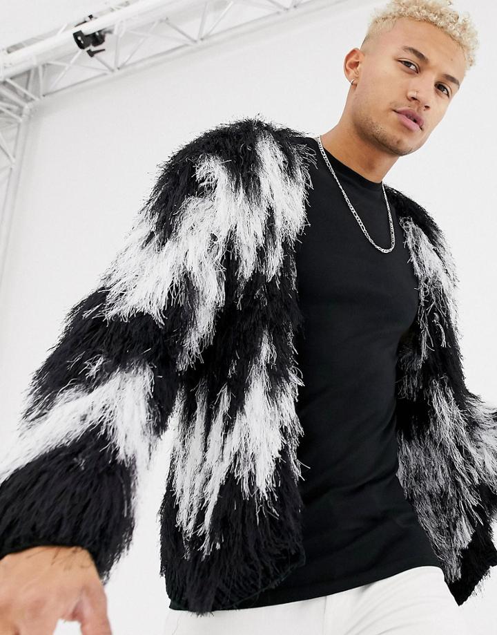 Asos Design Heavyweight Cardigan In Black And White Tassels - Black