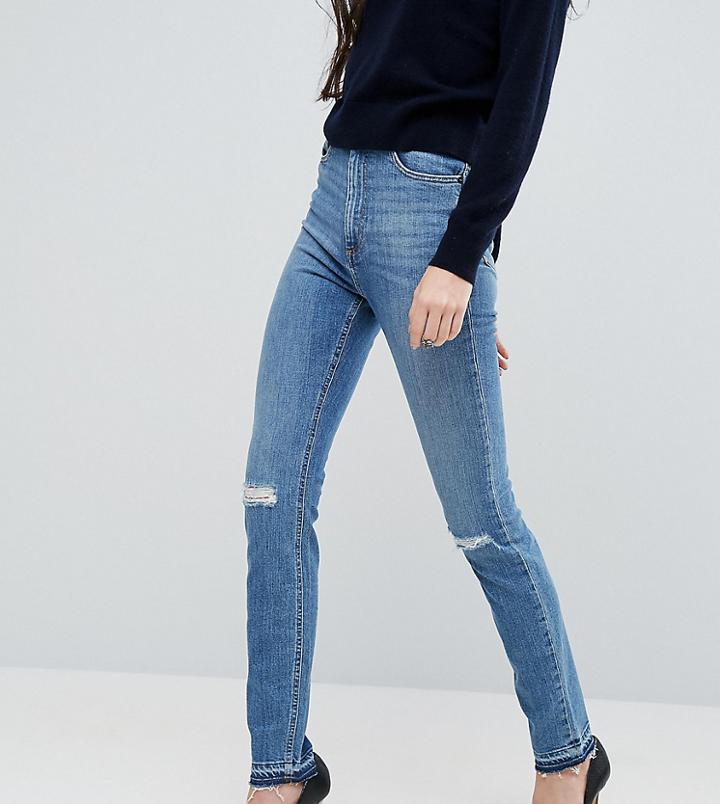 Asos Tall Farleigh Slim Mom Jeans In Hawthorn Mid Stonewash With Busted Knees And Let-down Hems - Blue