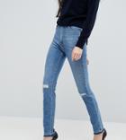 Asos Tall Farleigh Slim Mom Jeans In Hawthorn Mid Stonewash With Busted Knees And Let-down Hems - Blue