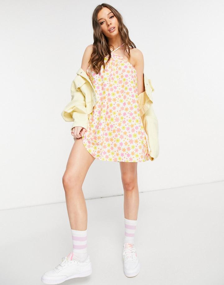 Asos Design Halter Neck Swing Mini Sundress In 70s Floral Print-multi
