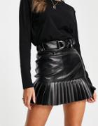 Asos Design Leather Look Mini Skirt With Pleated Hem In Black
