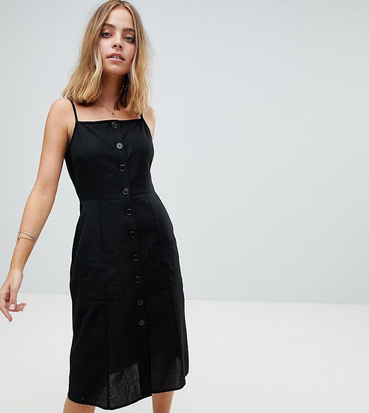 Asos Petite Button Through Linen Midi Sundress - Black