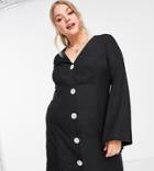 Asos Design Curve Button Up Linen Mini Dress With Fluted Sleeve In Black