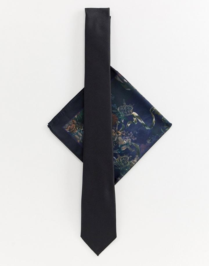 River Island Tie With Cherub Print Pocket Square In Black - Black