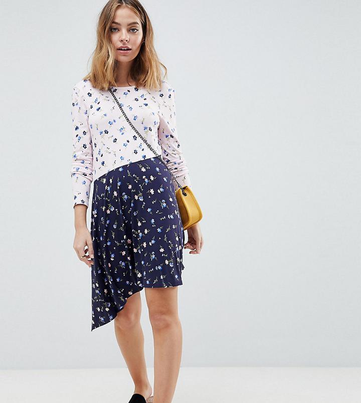 Asos Design Petite Mixed Print Tea Dress With V Back And Fluted Sleeve - Multi