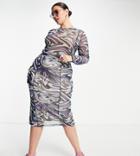 Asos Design Curve Mesh Midi Skirt With Contour Exposed Seams In Blue Swirl Print-multi