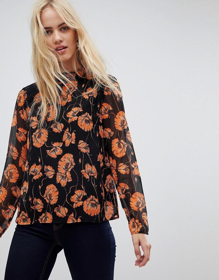 Pieces Dreal High Neck Floral Print Blouse - Black