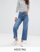 Asos Tall Cropped Wide Leg High Rise Jean With Chewed Hems - Blue
