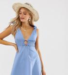 Asos Design Tall Tie Shoulder Plunge Mini Sundress With Shirred Waist-blue