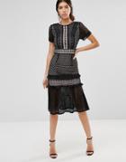 True Decadence Lace Midi Dress With Frill Detail - Black