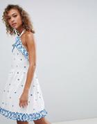 Asos Design Halter Neck Broderie Sundress With Tiered Skirt-multi
