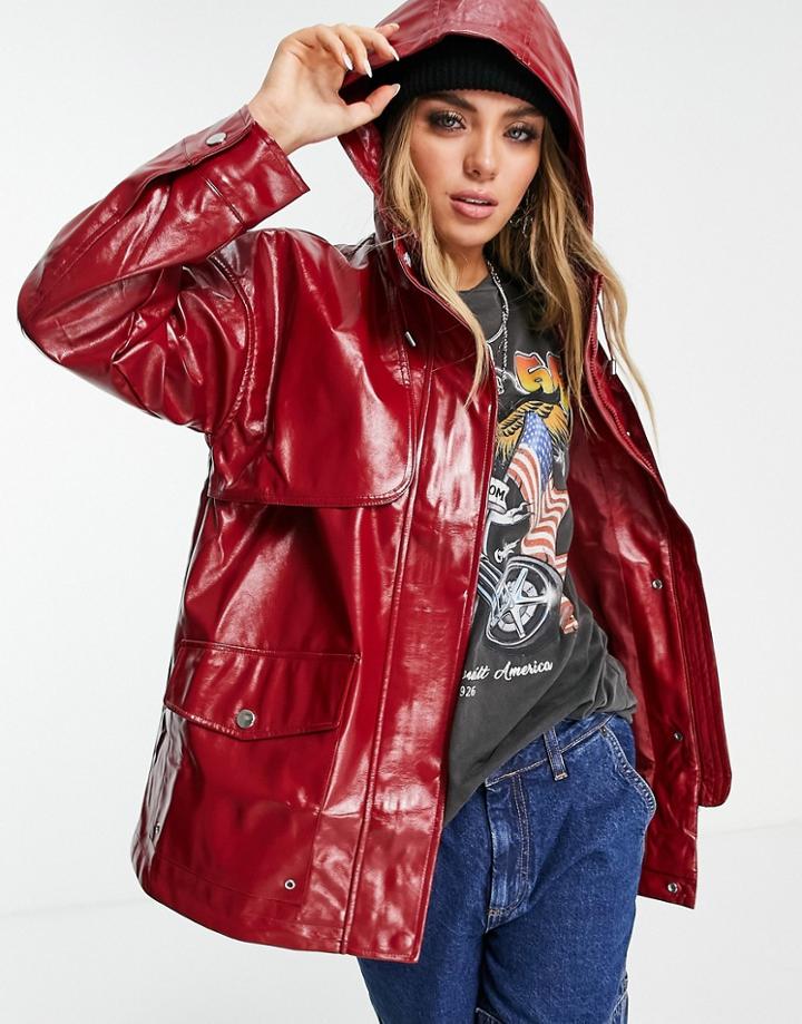 Violet Romance Vinyl Hooded Trench In Red