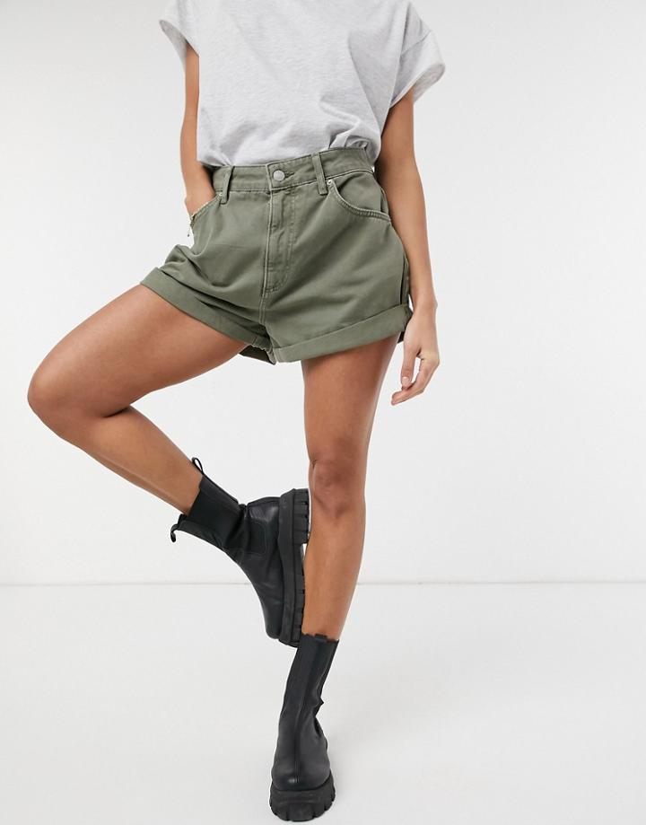 Asos Design Slouchy Mom Short In Washed Khaki-green