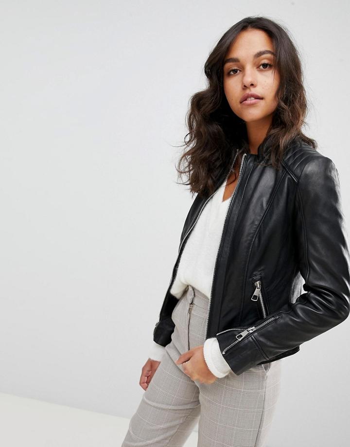 Boss Casual Collarless Leather Jacket - Black