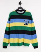 Asos Design Oversized Long-sleeve Stripe T-shirt In Color Block With Chest Embroidery In Multicolor