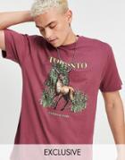 Reclaimed Vintage Inspired Oversized Organic Cotton T-shirt With Stag Print In Washed Burgundy