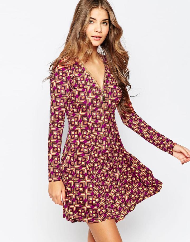 Qed London Skater Dress With Zip Front Detail - Violet