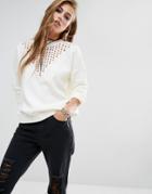 Lira Crew Neck Sweater With Crochet Front Panel - White