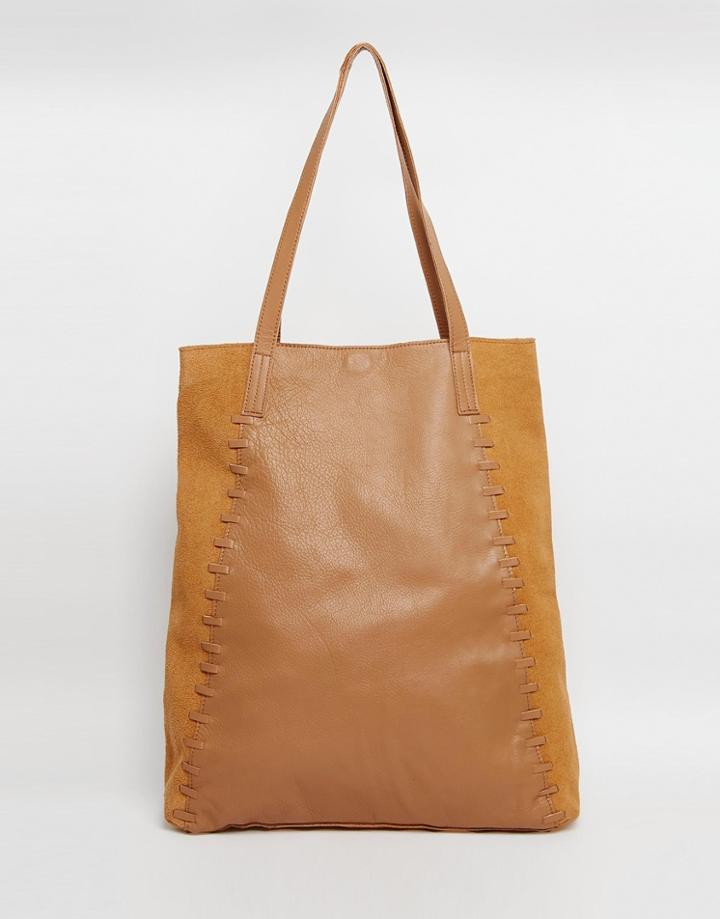 Asos Leather And Suede Shopper With Whipstitch Detail - Tan