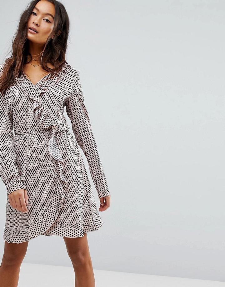 Vila Printed Tea Dress With Frill Detail - Pink