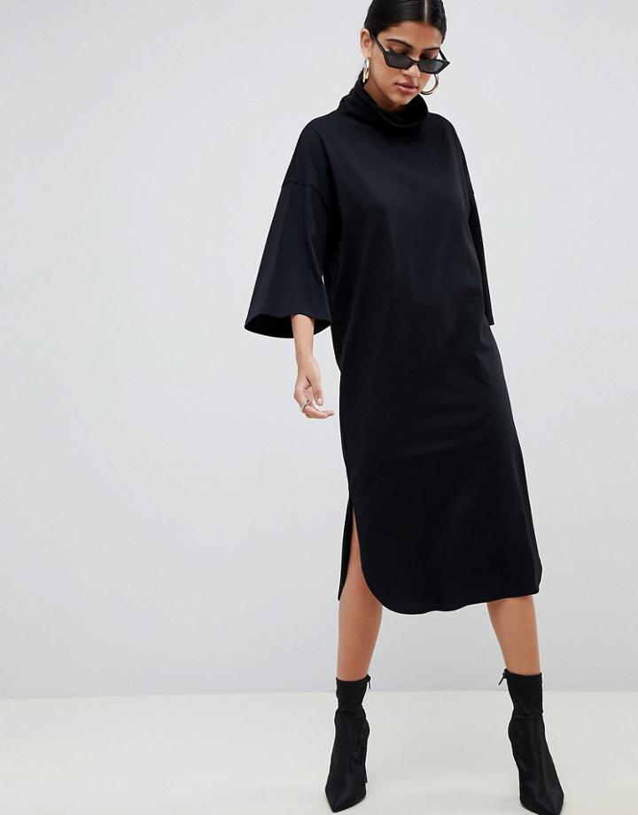 Asos Design High Neck Midi Swing Dress With Trumpet Sleeves - Black