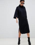 Asos Design High Neck Midi Swing Dress With Trumpet Sleeves - Black