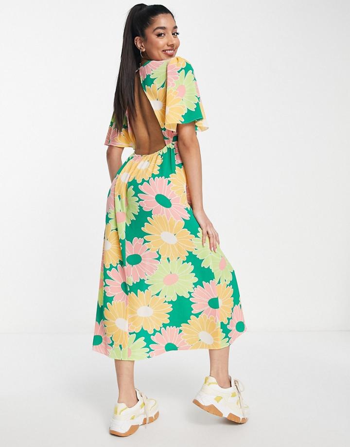 Asos Design Angel Sleeve Midi Dress With An Open Back In Large Floral Print-multi