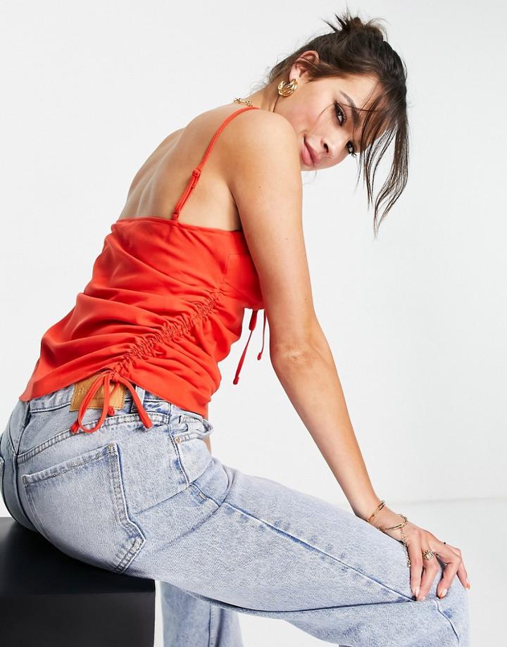Asos Design Strappy Cami With Cut-out And Ruched Detail In Bright Red