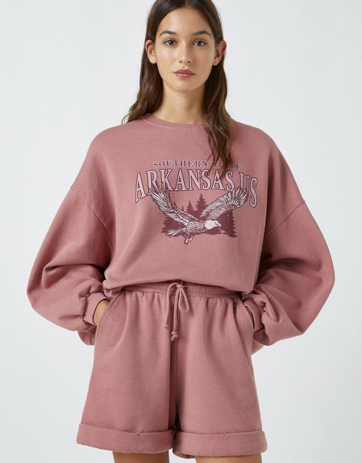 Pull & Bear Arkanas Varsity Sweatshirt In Soft Pink