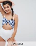 Monki Gingham Bow Front Swimsuit - Blue