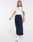 Asos Design Box Pleat Midi Skirt With Button Front And Splits In Navy-multi