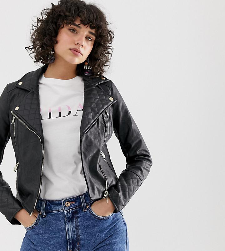 River Island Faux Leather Biker Jacket In Black - Black