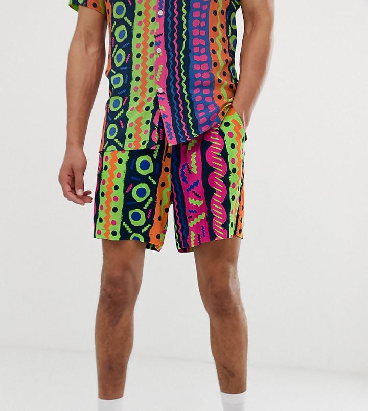 Asos Design Tall Two-piece Slim Shorter Shorts With Neon Abstract Design - Navy